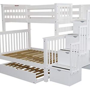 Bedz King Stairway Bunk Beds Twin over Full with 4 Drawers in the Steps and a Full Trundle, White