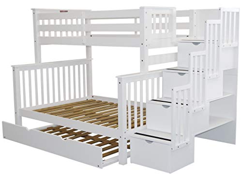 Bedz King Stairway Bunk Beds Twin over Full with 4 Drawers in the Steps and a Full Trundle, White