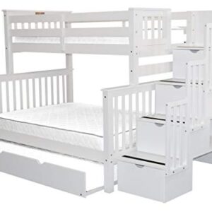 Bedz King Stairway Bunk Beds Twin over Full with 4 Drawers in the Steps and a Full Trundle, White