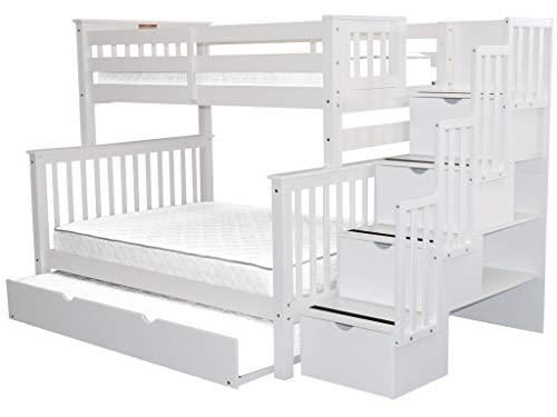 Bedz King Stairway Bunk Beds Twin over Full with 4 Drawers in the Steps and a Full Trundle, White