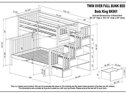 Bedz King Stairway Bunk Beds Twin over Full with 4 Drawers in the Steps and a Full Trundle, White