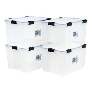 iris usa 74 quart weathertight plastic storage bin tote organizing container with durable lid and seal and secure latching buckles, 4 pack