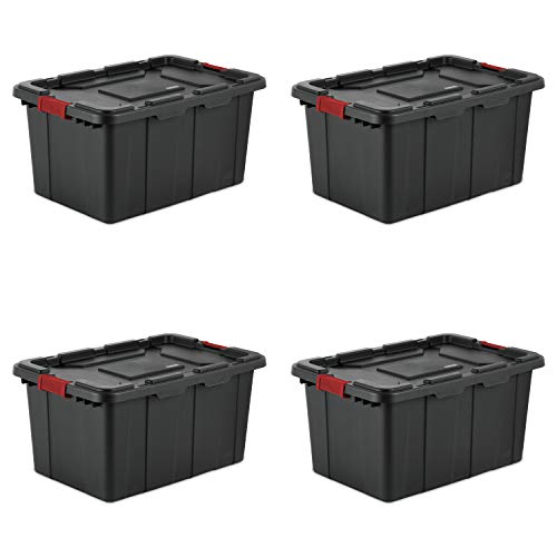 Sterilite 14669004 27 Gallon/102 Liter Industrial Tote, Black Lid & Base w/ Racer Red Latches, 4-Pack