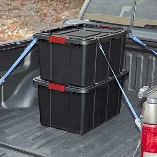 Sterilite 14669004 27 Gallon/102 Liter Industrial Tote, Black Lid & Base w/ Racer Red Latches, 4-Pack