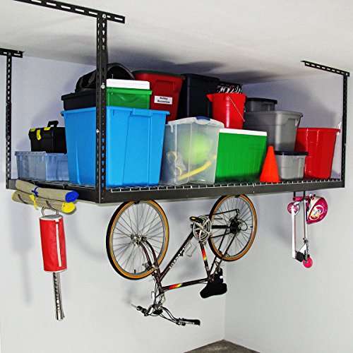 MonsterRax Overhead Garage Storage Rack- 4 x 8 Ceiling Rack for Garage Shelving, Organization, & Storage, Adjustable Hanging Storage for Bikes, Equipment & Accessories (Hammertone, 12"- 21")