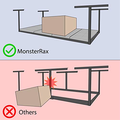 MonsterRax Overhead Garage Storage Rack- 4 x 8 Ceiling Rack for Garage Shelving, Organization, & Storage, Adjustable Hanging Storage for Bikes, Equipment & Accessories (Hammertone, 24"-45").