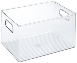 idesign box with handles, extra large plastic kitchen organiser pantry, fridge storage bin for food, drinks and condiments, clear