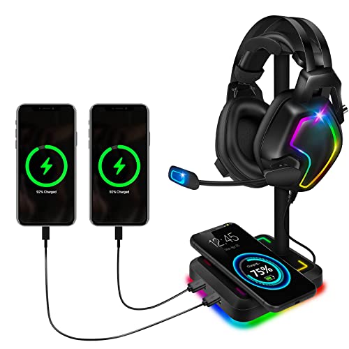 Headphone Stand with Wireless Charger TEEDOR RGB Gaming Headset Holder Hanger Rack with 10W/7.5W QI Charging Pad & 2 USB Charger Ports for Desktop PC Game Earphone Accessories, Black for S10,Samsung Galaxy S20,Qi-enabled,Note 9,Iphone