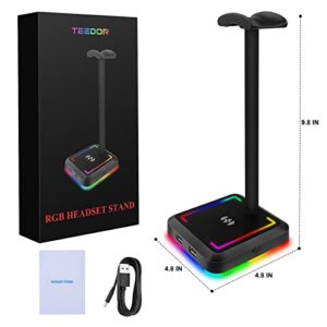 Headphone Stand with Wireless Charger TEEDOR RGB Gaming Headset Holder Hanger Rack with 10W/7.5W QI Charging Pad & 2 USB Charger Ports for Desktop PC Game Earphone Accessories, Black for S10,Samsung Galaxy S20,Qi-enabled,Note 9,Iphone