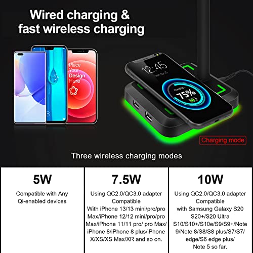 Headphone Stand with Wireless Charger TEEDOR RGB Gaming Headset Holder Hanger Rack with 10W/7.5W QI Charging Pad & 2 USB Charger Ports for Desktop PC Game Earphone Accessories, Black for S10,Samsung Galaxy S20,Qi-enabled,Note 9,Iphone