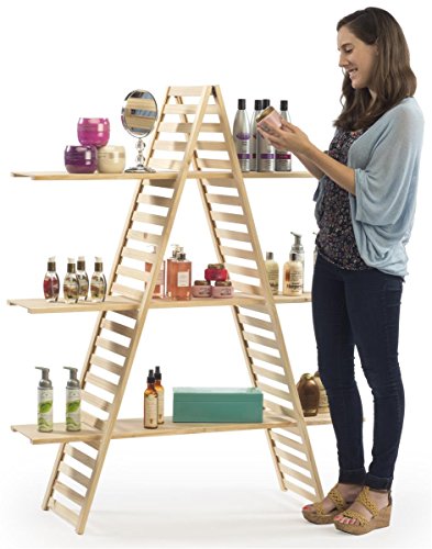 Displays2go Wood A-Frame Shelf, 3 Tiers, Adjustable Shelves, 48" W x 57" H x 14.5" D, Pine (PAN2F3SAUP)