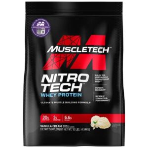 muscletech nitro-tech whey protein powder isolate & peptides | protein + creatine for muscle gain | muscle builder for men & women | sports nutrition | vanilla, 10 lb (100 servings)