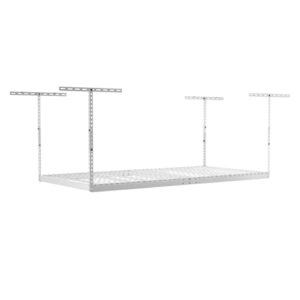 monsterrax overhead garage storage rack- 4 x 8 ceiling rack for garage shelving, organization, & storage, adjustable hanging storage for bikes, equipment & accessories (white, 24"-45").