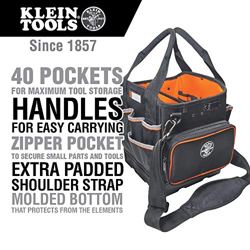 Klein Tools 5541610-14 Tool Bag with Shoulder Strap Has 40 Pockets for Tool Storage and Orange Interior