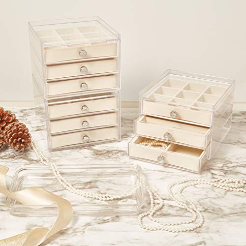 iDesign - 37030 Plastic 3 Jewelry Box, Compact Storage Organization Drawers Set for Cosmetics, Hair Care, Bathroom, Dorm, Desk, Countertop, Office, 6.5" x 7" x 5", Clear and Ivory White