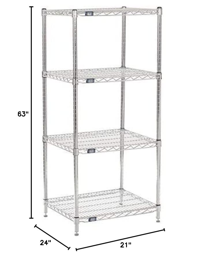 Nexel Adjustable Wire Shelving Unit, 4 Tier, Commercial Dry Storage Rack, 21" x 24" x 63", Chrome