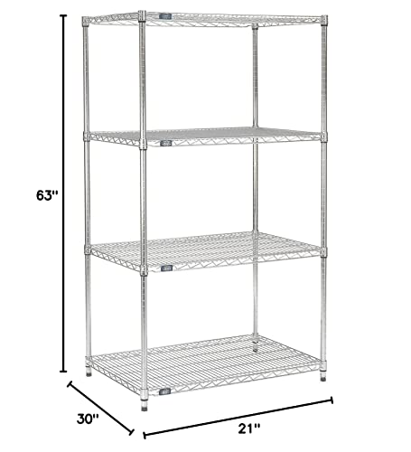 Nexel Adjustable Wire Shelving Unit, 4 Tier, Commercial Dry Storage Rack, 21" x 30" x 63", Chrome