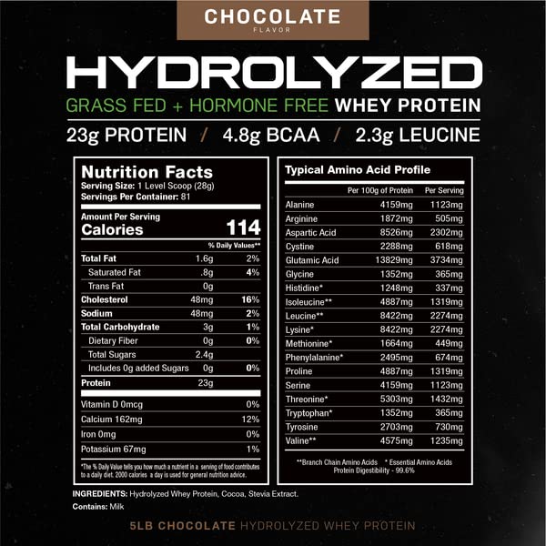 Muscle Feast Grass-Fed Hydrolyzed Whey Protein Powder, All Natural Hormone-Free, Chocolate, 5lb