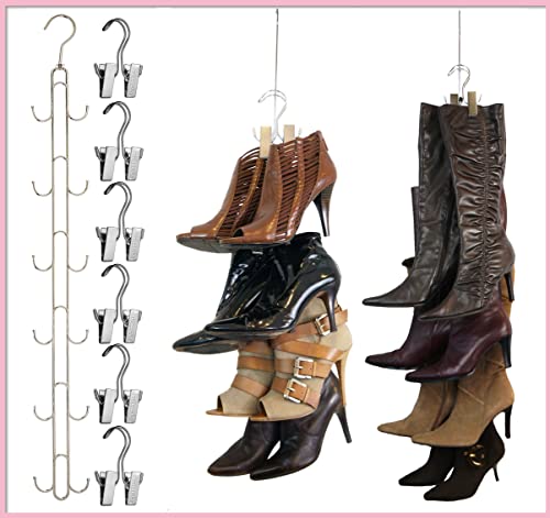 NEW IMPROVED SYSTEM- Boot Stax: Vertical Hanging Boot Rack, Boot Storage, Boot Organizer: 1 Vertical Rod that Swivels + 6 Silver Boot Hangers (Silver)