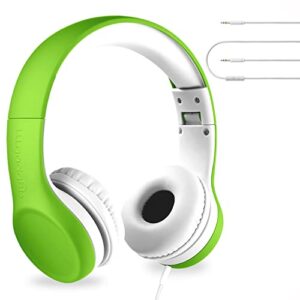 lilgadgets connect+ kids headphones wired with microphone, volume limiting for safe listening, adjustable headband, cushioned earpads for comfort, school headphones for kids, green