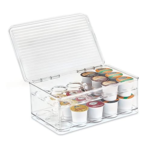 iDesign 2-Tier Coffee Pod Holder Lidded Bin, Plastic Pantry and Kitchen Storage, The Linus Collection – 7.25" x 10.75" x 4.25", Clear