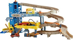 matchbox cars playset, 4-level toy garage & tow truck in 1:64 scale, kid-powered elevator, car repair station & spiral ramp