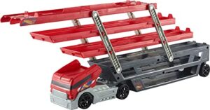 hot wheels playset with hw mega hauler toy truck & 1:64 scale car, stores 50+ vehicles, expands to 6 levels