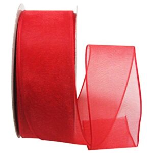 Ribbon Bazaar Sheer Organza Wired Ribbon - 100% Polyester Wire Edged Ribbon for Floral Decor, Table Arrangements, Apparel Embellishment & More - 1-1/2 inch Red 25 Yards