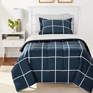 amazon basics lightweight microfiber 5 piece bed-in-a-bag comforter bedding set, twin/twin xl, navy with simple plaid