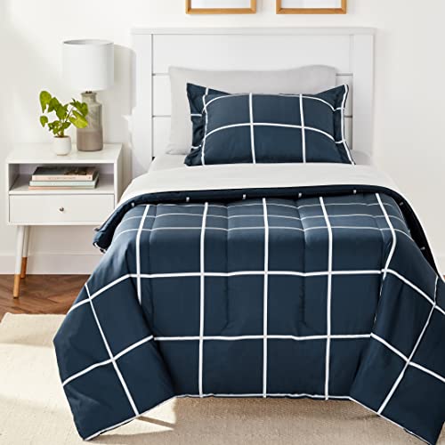 Amazon Basics Lightweight Microfiber 5 Piece Bed-in-a-Bag Comforter Bedding Set, Twin/Twin XL, Navy with Simple Plaid