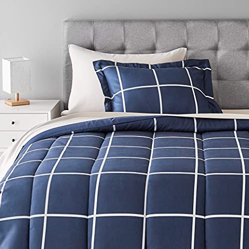 Amazon Basics Lightweight Microfiber 5 Piece Bed-in-a-Bag Comforter Bedding Set, Twin/Twin XL, Navy with Simple Plaid