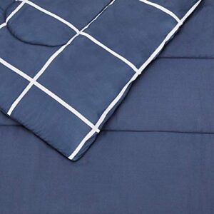 Amazon Basics Lightweight Microfiber 5 Piece Bed-in-a-Bag Comforter Bedding Set, Twin/Twin XL, Navy with Simple Plaid