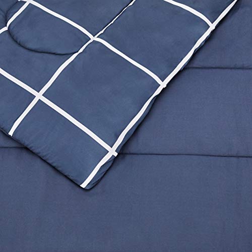 Amazon Basics Lightweight Microfiber 5 Piece Bed-in-a-Bag Comforter Bedding Set, Twin/Twin XL, Navy with Simple Plaid