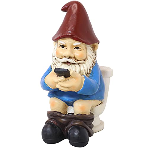 Sunnydaze Cody The Garden Gnome on The Throne Reading His Phone - Funny Lawn Decoration - 9.5 Inches Tall