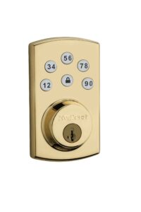 kwikset powerbolt keyless electronic door lock 5-button keypad, with keyed entry deadbolt, featuring smartkey security re-key technology in polished brass