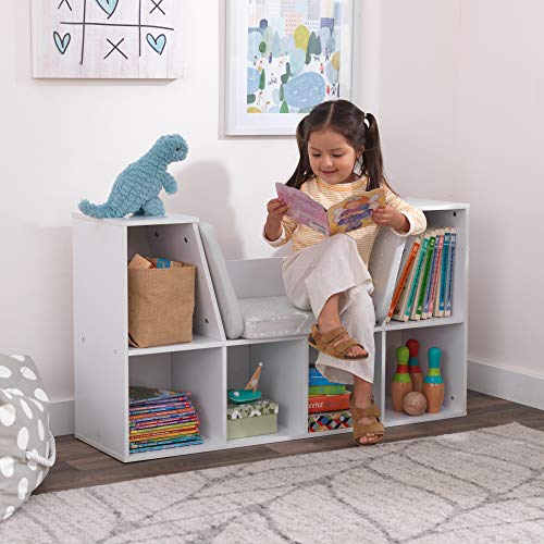 KidKraft Wooden Bookcase with Reading Nook, Storage and Gray Cushion, White, Gift for Ages 3-8
