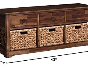 SEI Furniture Jayton Natural Water Hyacinth Storage Bench 3 Woven Baskets w/Antique Brown Finish, Coastal Style