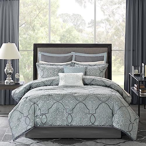 Madison Park LaVine Cozy Bed in a Bag Comforter, Traditional Luxe Jacquard Design All Season Down Alternative Cover with Complete Sheet Set, California King, Blue 12 Piece