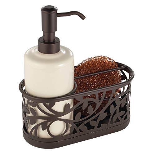 iDesign Ceramic Bathroom Soap Dispenser Set with Soap Pump and Caddy, The Vine Collection – 13oz, 7.25" x 3.25" x 8.25", Vanilla and Bronze