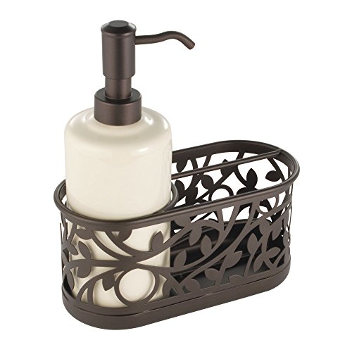 iDesign Ceramic Bathroom Soap Dispenser Set with Soap Pump and Caddy, The Vine Collection – 13oz, 7.25" x 3.25" x 8.25", Vanilla and Bronze