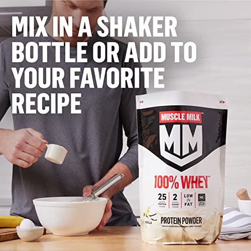 Muscle Milk 100% Whey Protein Powder, Vanilla, 5 Pound, 68 Servings, 25g Protein, 2g Sugar, Low in Fat, NSF Certified for Sport, Energizing Snack, Workout Recovery, Packaging May Vary