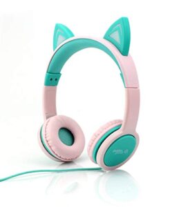 gabba goods premium kid's/children's safe sound led light up in the dark cat over the ear comfort padded stereo headphones with aux cable | earphones - 85 decibels