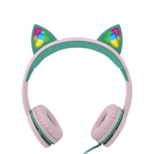 Gabba Goods Premium Kid's/Children's Safe Sound LED Light Up in The Dark Cat Over The Ear Comfort Padded Stereo Headphones with AUX Cable | Earphones - 85 Decibels