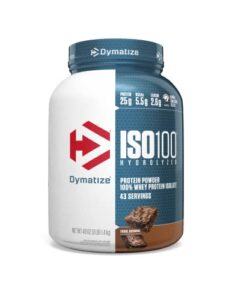 dymatize iso 100 whey protein powder with 25g of hydrolyzed 100% whey isolate, fudge brownie, 49 ounce