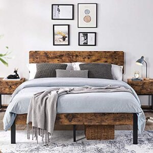 yaheetech metal platform bed frame queen with wood headboard and iron slats, rustic country bed base with mattress foundation/strong slats support/12 inch underbed storage/no box spring needed, brown