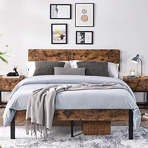 Yaheetech Metal Platform Bed Frame Queen with Wood Headboard and Iron Slats, Rustic Country Bed Base with Mattress Foundation/Strong Slats Support/12 Inch Underbed Storage/No Box Spring Needed, Brown