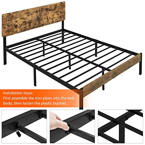 Yaheetech Metal Platform Bed Frame Queen with Wood Headboard and Iron Slats, Rustic Country Bed Base with Mattress Foundation/Strong Slats Support/12 Inch Underbed Storage/No Box Spring Needed, Brown