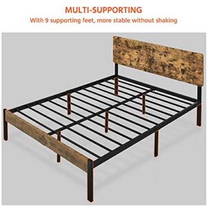 Yaheetech Metal Platform Bed Frame Queen with Wood Headboard and Iron Slats, Rustic Country Bed Base with Mattress Foundation/Strong Slats Support/12 Inch Underbed Storage/No Box Spring Needed, Brown