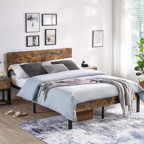 Yaheetech Metal Platform Bed Frame Queen with Wood Headboard and Iron Slats, Rustic Country Bed Base with Mattress Foundation/Strong Slats Support/12 Inch Underbed Storage/No Box Spring Needed, Brown