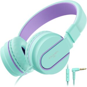 ailihen i35 kids headphones wired with microphone volume limited 93db children girls boys teen lightweight foldable headset for school online course chromebook cellphones tablets (green purple)